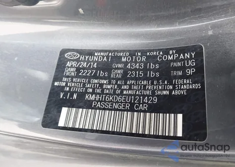 2014 Hyundai Genesis 2.0T Premium from USA, damaged, VIN KMHHT6KD6EU121429